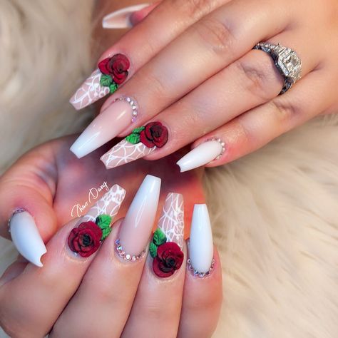 Red roses nail art @nailsbytdang Rose Nail Design, Mexican Nails, Quince Nails, Red And White Nails, Quinceanera Nails, Opal Nails, About Rose, Rose Nail Art, Nail Prices