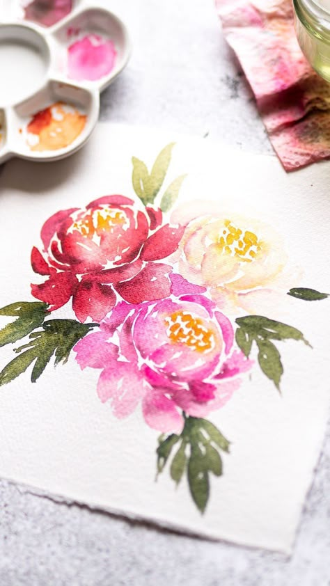 Peonies Painting Watercolors, Watercolour Peony Tattoo, Simple Peony Painting, Easy Watercolor Peony, Watercolor Peony Tutorial, Peony Flower Watercolor, Loose Watercolor Roses, February Watercolor Ideas, Watercolour Peonies