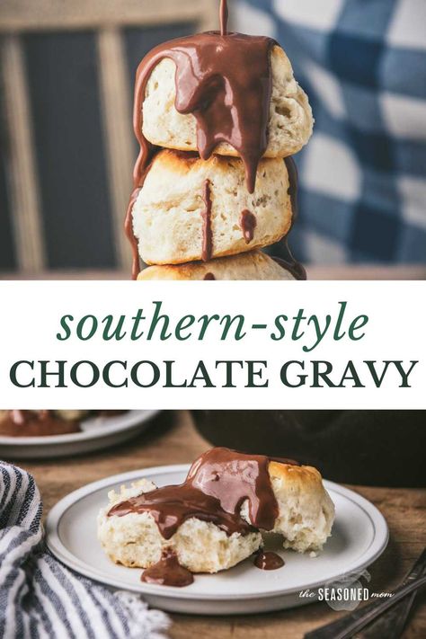 Chocolate gravy is a classic Southern treat! Served over warm buttermilk biscuits for breakfast, or drizzled on pound cake and ice cream for dessert, this easy recipe has been delighting both kids and adults for generations. Best of all, it only requires a handful of basic ingredients that you probably already have in your kitchen -- and it's ready in about 15 minutes! Chocolate Gravy Recipe, Biscuits For Breakfast, Southern Buttermilk Biscuits, Chocolate Gravy, Cake And Ice Cream, Drop Biscuits, Condiment Recipes, Homemade Applesauce, Biscuits Easy