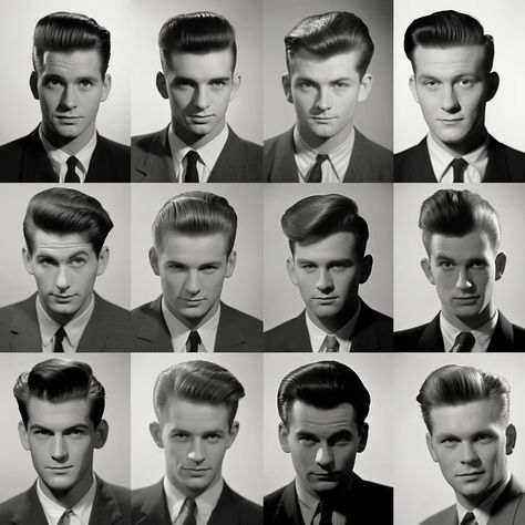 1950s Male Hairstyles, Hairstyles Through The Decades, 1940 Hairstyles, 1950s Mens Hairstyles, Brylcreem Hairstyles, 50s Hairstyles Men, Outlast Trials, Pompadour Haircut, Vintage Hairstyles Tutorial