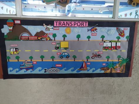 Land , Air and Water ways of transport Transportation Door Decoration Preschool, Land Transportation Preschool Crafts, Ks1 Classroom, Transportation Preschool Activities, Transportation Theme Preschool, Land Transport, Water Transport, Preschool Boards, Preschool Decor