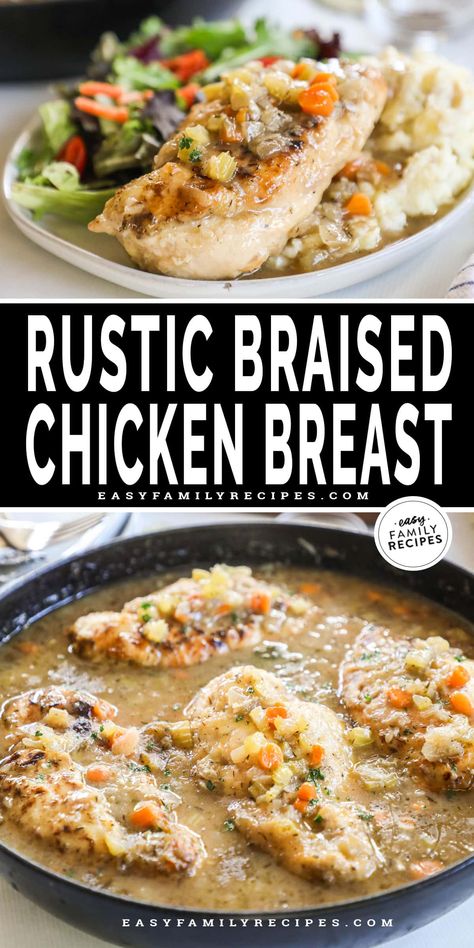 This rustic braised chicken breast recipe is a one-pan dish that promises juicy and tender chicken infused with savory flavors. It's perfect for an easy and delicious family dinner for busy weeknights. The simple step of deglazing the pan with a splash of white wine adds depth to the dish, and you'll have a flavorful masterpiece that's sure to impress. Enjoy the ultimate weeknight meal that's both easy to make and delicious. Braised Chicken Recipes, Quick And Easy Chicken Recipes, Braised Chicken Breast, Braised Chicken Thighs, Delicious Family Dinners, Viral Recipes, Chicken Breast Recipe, Easy Chicken Dinner Recipes, Braised Chicken