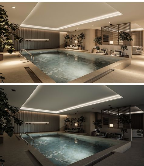 Pool. on Behance Pool Design Modern, Luxury Pools Indoor, Indoor Pool House, Indoor Swimming Pool Design, Moderne Pools, Inside Pool, Luxurious Pool, Indoor Pool Design, Indoor Spa