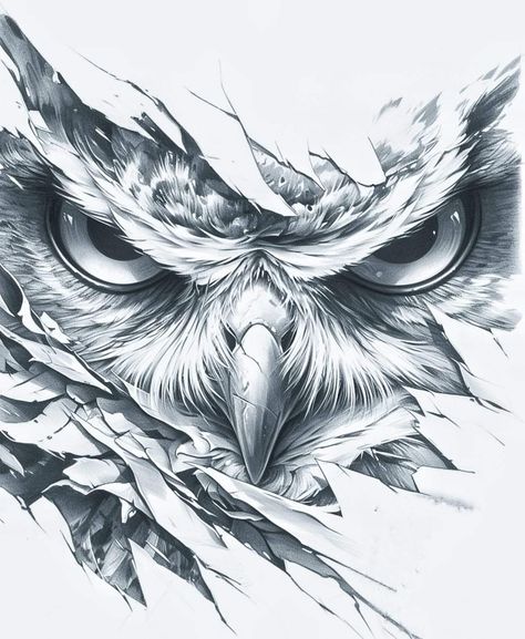 Awesome Sleeve Tattoos For Men, Fierce Owl Tattoo, Owl Neck Tattoo Woman, Black And White Owl Drawing, Dragon Eye Tattoo Design, Hyper Realistic Tattoo Design, Sacrifice Tattoo Men, Owl Chest Tattoo Men, Screech Owl Tattoo