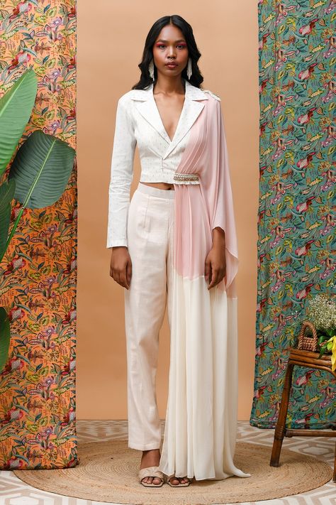 Shop for these amazing collections of Ivory Linen Attached Drape Lapel Collar Shirt With Pant For Women by Rishi & Vibhuti online at Aza Fashions. Ivory Drapes, Draped Shirt, Rose Gold Fabric, Kimono Shirt, Pant For Women, Straight Fit Pants, Linen Color, Stylish Party Dresses, Party Wear Indian Dresses