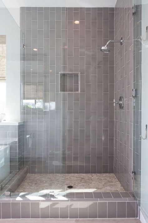 subway tiles clad in vertical offset bond Vertical Tile Shower Ideas, Vertical Shower Tile, Gray Shower Tile, Subway Tile Showers, Grey Subway Tiles, Bath Tile, Subway Tiles Bathroom, Tile Layout, Primary Bath