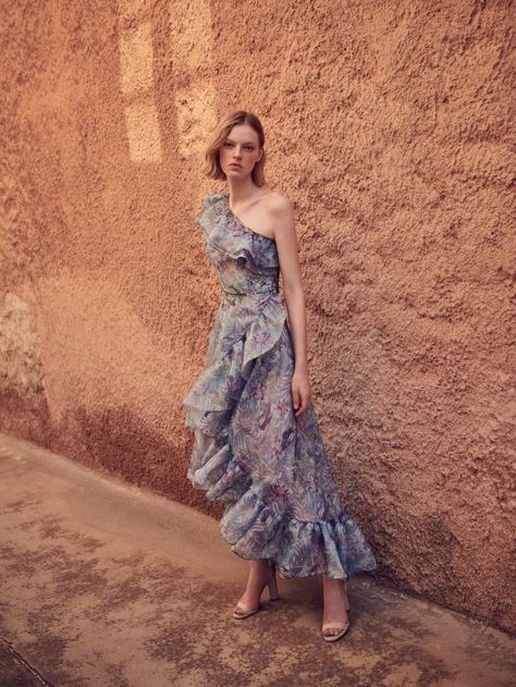 One-Shoulder Flounce-Top Printed Organza Dress with Hi-Lo Flounce Hem & Sequinned Lavender Appliqués Printed Organza Dress, Dress With Flounce, Embroidered Silk Dresses, Godet Dress, Chiffon Crop Top, Embroidered Tulle Dress, Frill Mini Dress, Printed Organza, Chiffon Lace Dress