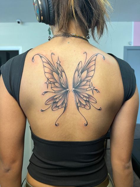 fresh fairy wings back tattoo Wings Spine Tattoos For Women, Big Back Butterfly Tattoo, Butterfly Back Piece Tattoo, Butterfly Tattoo Wings Back, Fairy Angel Wings Tattoo, Back Tat Wings, Big Fairy Wings Tattoo, Matching Butterfly Wing Tattoo, Fairy Wings Neck Tattoo