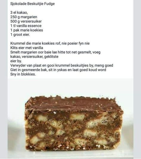 Goud Vir Jou Siel Beskuitjie Fudge, Crunchie Recipes, Milk Recipes Dessert, African Dessert, Homemade Donuts Recipe, Fudge Recipes Easy, Sweet Treats Desserts, Baking Book, Cookie Recipes Homemade