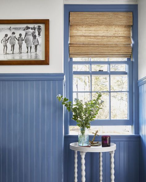 Blue Beadboard, Painted Beadboard, Beadboard Bathroom, Beadboard Wainscoting, Gallery Wall Design, Bead Board Walls, Blue Gray Paint Colors, Trim Paint, Blue Gray Paint