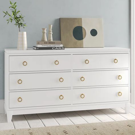 Allyssah 6 Drawer 18" W Solid Wood Double Dresser Birch Dresser, French Country Dressers, 2 Drawer Dresser, Blue Dresser, Gold Dresser, Ring Pulls, Solid Wood Dresser, White Dresser, Wood Dresser