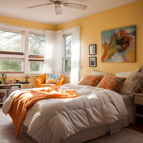 Bright Relaxing Bedroom, Light Orange Walls Bedroom, Light Orange Bedroom, Orange Bedroom Walls, White Bedroom Set, Orange Rooms, Orange Bedroom, Bedroom Orange, Bedroom Wall Paint