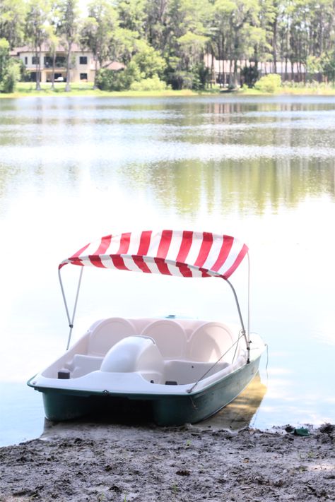 Paddle Boat Ideas, Pedal Boat Ideas, Paddle Boat Storage, Diy Paddle, Farm Retreat, Paddle Boats, Boat Canopy, Lake Toys, Boat Bimini Top