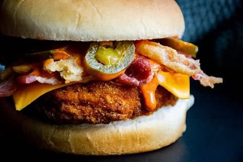 Copycat Wendy's Bacon Jalapeno Spicy Chicken Sandwich Spicy Chicken Breast, Spicy Chicken Sandwich, Jalapeno Burger, Spicy Chicken Sandwiches, Jalapeno Chicken, Stuffed Jalapenos With Bacon, French Fried Onions, Chicken Patties, Eating Fast