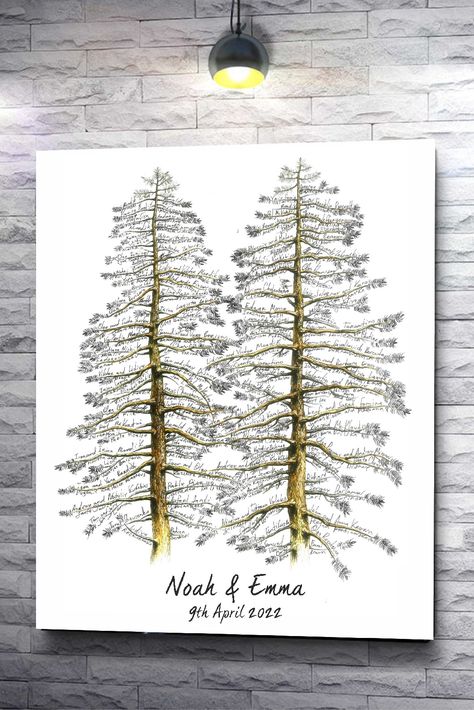 We are leaders in the guestbook industry with the largest range of unique guestbooks, our store is always ahead of the curve. We do not copy other people's ideas, we come up with and then carefully draw by hand ourselves. 
The tree for signatures is shaped like a Two Pines tree. The Two Pines allows you to write your signature along the branches in a very stylish way, where the letters resemble pine needles to mark your special day. The tree is drawn with plenty of space for guest signatures. Tree Wedding Guest Book, Wedding Tree Guest Book, Unique Guest Book, Wedding Guest Books, Wedding Guest Book Alternative, Guest Book Alternative, Wedding Guest Book Alternatives, Guest Books, Guest Book Alternatives