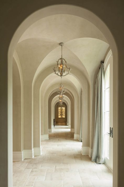 French Country Hallway, Glass Hallway, Country Hallway, Steel Frame Doors, Harrison Design, Home Design Magazines, Stone Cottage, French Inspired, Beautiful Architecture