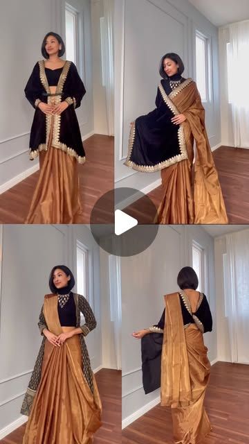 Isha Borah on Instagram: "Wedding guest outfits but make them winter-friendly ❄️ 

Episode 5 of Fashion Tip Tuesdays✨

Look fancy and feel cozy with these amazing wedding guest saree looks. Here are the detailed steps:

1. Use a heavy dupatta or a shawl and fold it, scrunch it to the middle and run a ribbon through it, place this duppata on your back and tie the ribbon to the front and tuck it below the blouse. Pick both ends of the duppata and place it over your shoulder and pin together at the chest. Creating a v frame, place the pallu of your saree over this, leaving you with a neatly wrapped stole look.
2. For this hack you will need a wrap around dress or kurti over your saree, use the ties of the kurti to tie it at the back. Place the pallu over this and finish with accessories leavi Saree And Shawl Style, Draping Shawl Styles, Wedding Guest Dress Indian Style, Shawl On Saree, How To Style Shawl With Saree, Saree Dupatta Style, Saree In Winter How To Wear, Indian Wedding Guest Saree Look, Winter Saree Styling