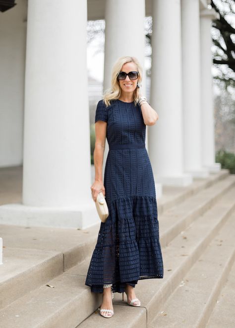 Navy Maxi Dress Outfit, Navy Dress Outfit, Navy Blue Dress Outfit, Dresses For Easter, Navy Dress Outfits, Blue Dress Outfits, Cocktail Bridesmaid Dresses, Eyelet Maxi Dress, Spring Maxi Dress