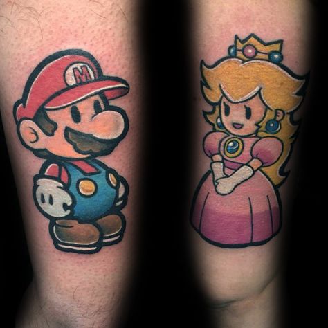 Top 100 Best Matching Couple Tattoos - Connected Design Ideas Video Game Couple Tattoos, Couples Tattoos Ideas, Valentine Promo, Couple Tattoos Ideas, Mario And Peach, Mario Tattoo, Tattoos For Couples, Mario Video Game, Couples Tattoos