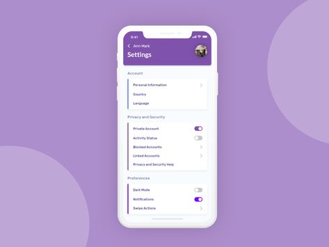 Daily UI #007 — Settings by Daniela Vornic on Dribbble Settings Ui Design Mobile App, Setting Ui Design, Setting Ui, Charity Foundation, App Design Layout, Mobile App Design Inspiration, Daily Ui, App Design Inspiration, Mobile App Ui