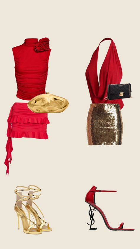 Outfit for events, events , Outfit , girls , red , gold Red Bachelorette Party Outfit, Salsa Outfit, Gold Party, Themed Outfits, Red And Gold, Color Themes, Red Color, Party Outfit, Red