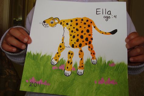 Lepard  - handprint art by Milinda, Edward, Maggie & Ella, via Flickr Thumbprint Art, Animal Activities For Kids, Fingerprint Art, Footprint Crafts, Footprint Art, Handprint Crafts, Handprint Art, Finger Painting, Camping Crafts