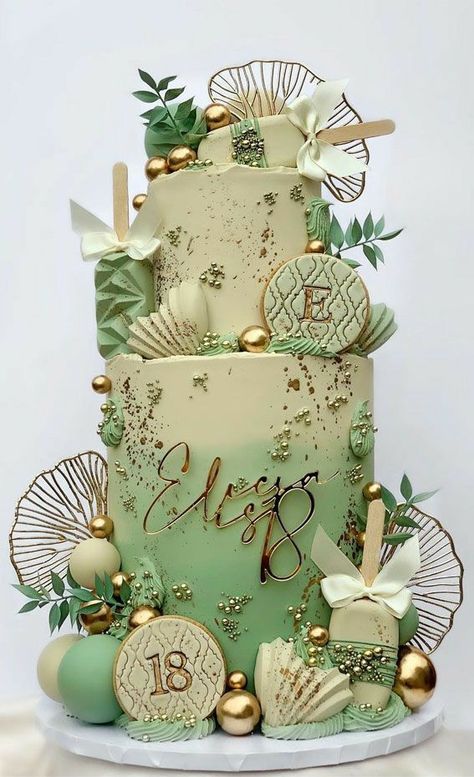 Beautiful 18th Birthday Cakes, Green Debut Cake, Cake Colour Combination, Pastel Green Quinceanera Theme, Cake Designs Debut, 18th Birthday Green Theme, Cake Design For 18th Birthday, 18th Birthday Party Ideas Green, 18th Birthday Cake For Girls Elegant