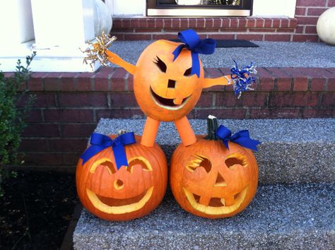 Cheerleading stunting pumpkins @Stephanie Close Close Close Close Close Nicholson Cheerleader Pumpkin Decorating, Cheer Pumpkin Carving, Halloween Team Bonding Ideas, Cheerleader Pumpkin Ideas, Cheerleader Pumpkin, Cheer Pumpkin, Cheerleading Stunting, Cheerleading Diy, Cheerleading Ideas