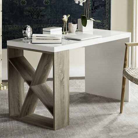 Safavieh Modern Scandinavian Desk, White Lacquer Desk, Contemporary Writing Desk, Downtown Style, White Writing Desk, White Worktop, Scandinavian Desk, Contemporary Desk, Oak Desk, Transitional Modern