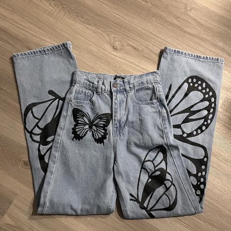 Ultra High-Waist Jeans with Butterflies Print Love... - Depop Jeans With Butterflies, Airbrush Butterfly, Ultra High Waisted Jeans, Butterfly Pants, Waist Jeans, Butterfly Print, High Waist Jeans, Butterflies, Love This