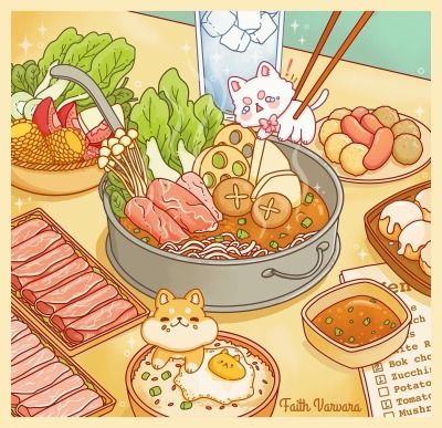 Hot Pot Illustration, Crystals Art Drawing, Every Other Weekend, Udon Ramen, Pot Illustration, Hot Pot Restaurant, Kawaii Cat Drawing, Downtown Calgary, 귀여운 음식 그림