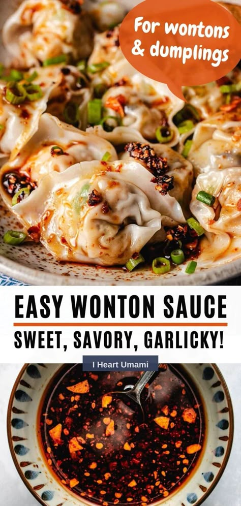 Homemade wonton sauce is an easy dipping sauce that takes 3 mins to assemble. Use this wonton dipping sauce for wontons, dumplings, or gyoza! #wontonsauce #wontondippingsauce #dumplingsauce #dumplingdippingsauce Wonton Chili Sauce, Won Ton Sauce Recipe, Wontons Sauce, Chinese Food Sauce Recipes, Won Ton Dipping Sauce Recipe, Costco Wontons, Recipes Using Frozen Mini Wontons, Dim Sum Sauce, Diy Wontons