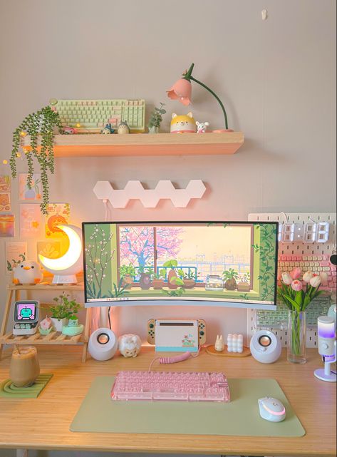 Office Cozy, Games Room Inspiration, Minimal Desk, Desk Aesthetic, Cozy Desk, Dream Desk, Cool Dorm Rooms, Gamer Room Decor, Cozy Home Office