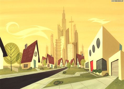 Power Puff Girls This is a very stylized background style that is very kid like and light that appeals to a younger audience. Power Puff Girls Background, Volcano City, Upa Style, Stylized Background, Background Style, Girl Background, Power Puff, City Background, Cartoon Background