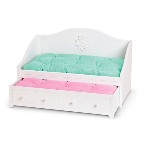 The Dreamy Daybed is a My American Girl bed released in 2011 and retired in 2015. Retail cost was $95. Girls Trundle Bed, American Girl Beds, Trundle Bed Kids, American Girl Doll Bed, American Girl Toys, Dreamy Bed, Disney Princess Toys, Our Generation Doll, American Girl Doll House