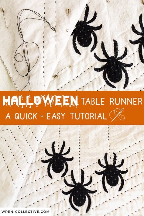 A quick tutorial on how to create your own simple quilted Halloween table runner using spider shapes, machine applique, and hand quilting. No piecing required! A great weekend project. #halloween #halloweenquilt #halloweendecor #quiltedtablerunner #contrasthandquilting Christmas Table Runner Sewing Pattern, Halloween Quilt Table Runner, Diy Halloween Table Runner, Ghost Quilt, Halloween Sewing Projects, Halloween Quilt Patterns, Halloween Table Runner, Halloween Quilt, Halloween Sewing