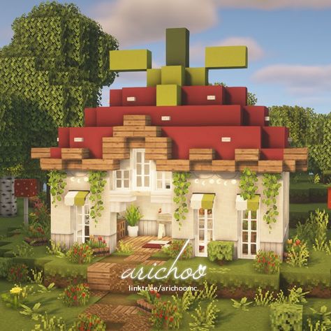 Minecraft Houses Strawberry, Minecraft Greenhouse Aesthetic, Minecraft Cottagecore Decoration, Minecraft Greenhouse Cottagecore, Cute House For Minecraft, Early Game Minecraft Builds, Minecraft House Cute Cottage, Minecraft Build Cottagecore, Strawberry Cottage Minecraft