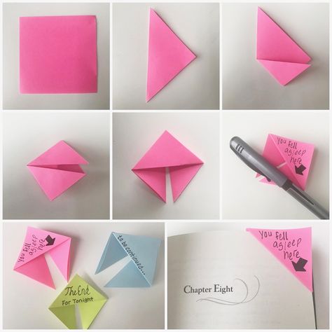 DIY corner bookmarks How To Make A Bookmark Out Of A Sticky Note, Sticky Note Bookmarks, Sticky Note Origami Bookmark, Sticky Note Origami Step By Step, Diy Corner Bookmarks, Sticky Note Crafts, Origami Bookmark Corner, Sticky Note Origami, Origami Step By Step