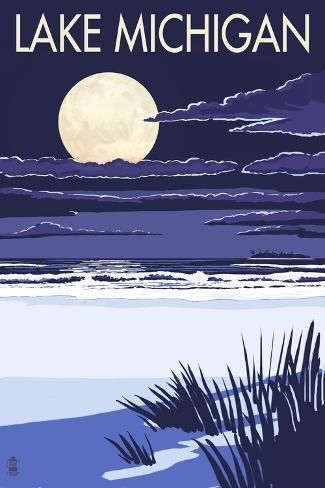 size: 18x12in Art Print: Lake Michigan - Full Moon Night Scene by Lantern Press : Artists Turtles Hatching, Sea Turtles Hatching, Edisto Beach, Edisto Island, Baby Sea Turtles, Harbor Springs, Full Moon Night, Pawleys Island, Isle Of Palms