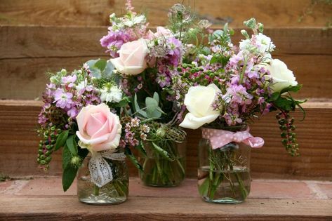 Using Jam Jars in Wedding Flowers – Bristol Wedding Flowers Vintage Wedding Flower Arrangements, Jam Jar Wedding, Wedding Table Decorations Purple, Jam Jar Flowers, Vintage Flower Arrangements, Jar Flowers, Wedding Room Decorations, Bristol Wedding, Vintage Wedding Flowers