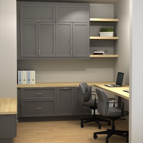 Build a small but functional home office with IKEA cabinets, open wall cabinets and floating shelves. Home Office Cupboard Ideas, Wall Cabinets With Desk, Home Office With Ikea Cabinets, Desk With Upper Cabinets, Ikea Office With Kitchen Cabinets, Home Office With Cupboards, Small Office Wall Storage, Wall Cabinets Office, Doctor Office Cabinets