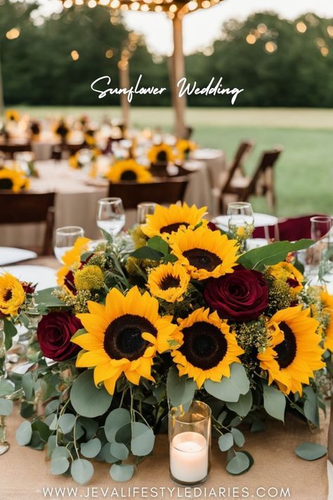 Romantic green and white wedding scheme. Sunflower Roses Centerpieces, Roses Sunflowers Wedding, Wedding Ideas Sunflowers And Roses, Sunflower And Roses Table Centerpieces, Sun Flower And Rose Center Piece, Blush Pink And Sunflower Wedding, Burgundy And Sunflower Wedding Centerpieces, Rust And Sunflower Wedding, Sunflower And Red Roses Centerpieces