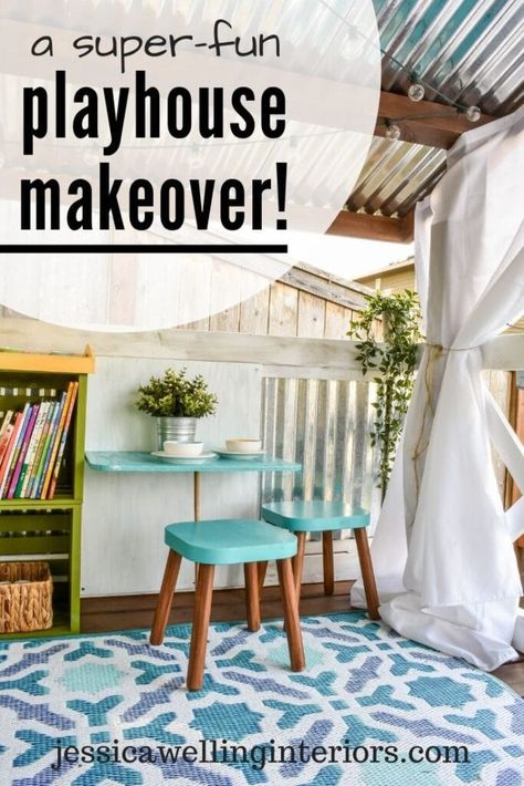 An old kids backyard playset gets a super-fun diy remodel. The interior has a table and chairs, a slide, ladder, curtains, and even a reading nook! Waterproof Outdoor Rugs, Lattice Patio, Playhouse Makeover, Backyard Playset, A Reading Nook, Kids Backyard, Living Room Reveal, Outdoor Living Rooms, Kids Outdoor