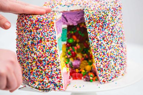 Sweet Candy-Filled Piñata Cake – Makeful Filled Cakes With Candy, Candy Filled Cake How To Make A, Nerds Candy Cake, Exploding Cake Ideas, Candy Surprise Cake, Pinata Cake Ideas, Nerds Cake, Cake Filled With Candy, Candy Filled Cake