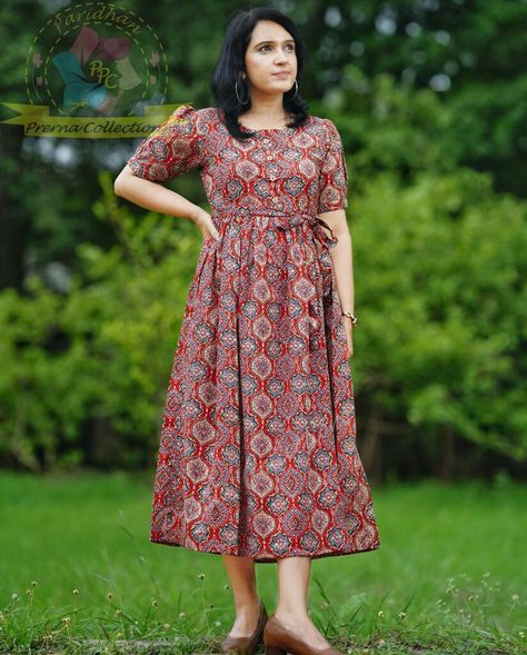 Women cotton dresses Kurti With Belt, Ajrakh Dresses, Anarkali Cotton Kurti, Churidar Neck, Simple Dress Casual, Coord Sets, Morning Video, Printed Anarkali, Women Dress Collection