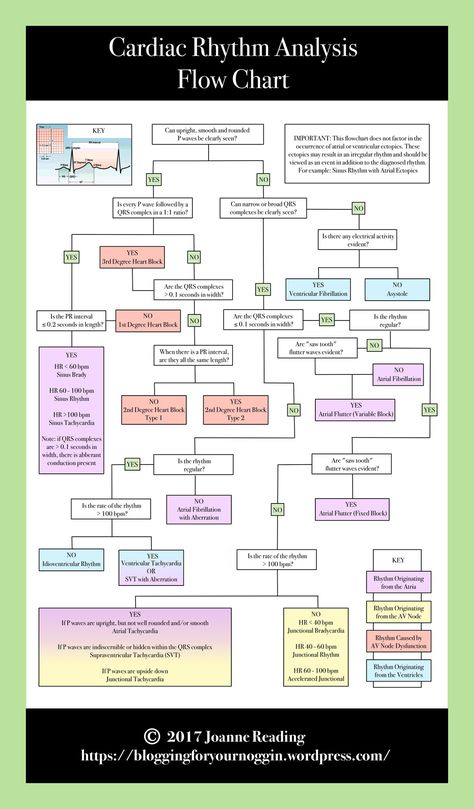 Cardiac ECG Rhythm Analysis Flow Chart: Cheat sheet for interpretation of sinus, atrial, junctional, ventricular and heart block arrhythmias Left Ventricular Assistive Device, Ekg Rhythms, Ekg Interpretation, Ecg Interpretation, Paramedic School, Cardiac Rhythms, Nursing Cheat, Nursing Mnemonics, Cardiac Nursing