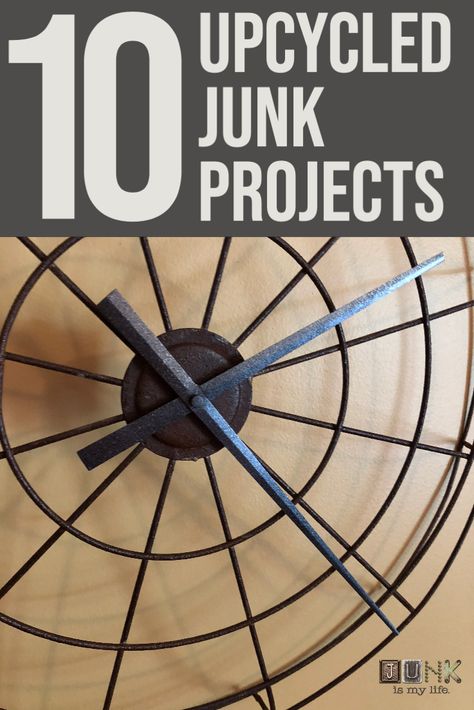 Ten of my favorite upcycled junk projects! Most people think outside of the box. I think about what I can do WITH the box! LOL. #junkismylife #farmhouse #decor #upcycing #upcycled #repurposed #cuttingboard #basket #architecturalsalvage #olddoor #enamelpiepan #vintagedish #tennis #sewing #frame #easel #graduation #weddings #silhouettecameo #coatrack #chicken #clock Repurpose Clocks Diy Projects, Upcycle Metal Wall Decor, Hanging Metal Baskets, Vintage Repurposed Items, Windmill Clock, Creative Upcycling, Easy Upcycle, Repurposed Junk, Make A Clock