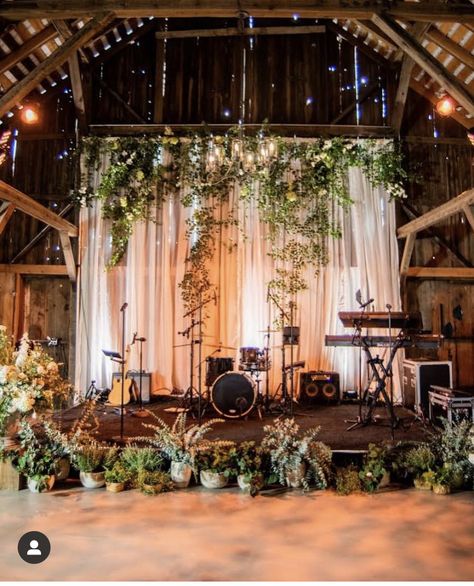 Band Stage, Shed Wedding, Outdoor Stage, Barn Wedding Reception, Barn Parties, Barn Wedding Decorations, Barn Reception, Barn Decor, Eucalyptus Greenery