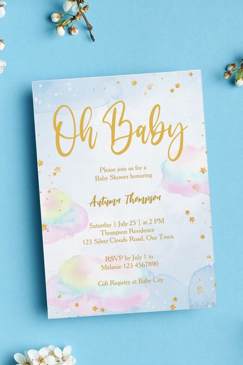 Pastel rainbow clouds glitter gold baby shower invitation template instant download Baby 2024, Rainbow Baby Shower Invitations, Pastel Baby Shower, Gold Baby Shower, Rainbow Clouds, Rainbow Pastel, Baby Shower Invitation Template, Rainbow Baby Shower, Gold Baby Showers