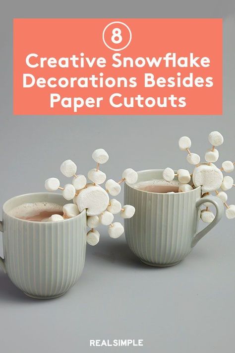 8 Creative and Easy Snowflake Decor Ideas That Go Beyond Paper Cutouts | Add a few of our snowflake Christmas crafts to your to-do list this winter, and soon your home will be a winter wonderland bursting with homemade snowflake decorations. From edible snowflake hot chocolate decorations to DIY snowflake holiday-themed cards and other easy craft ideas for the whole family. #holidaycrafts #realsimple #diydecor #holidaydiydecor #holidayinspiration #details #frontdoorwreath Paper Snowflake Ideas, Snow Theme Gifts, Easy Winter Wonderland Decorations, Winter Wonderland Party Decorations Diy, Christmas Snowflake Decor Ideas, Snowflake Christmas Party Ideas, Snowflakes Decor, Snowflake Table Centerpieces, Winter Events Ideas